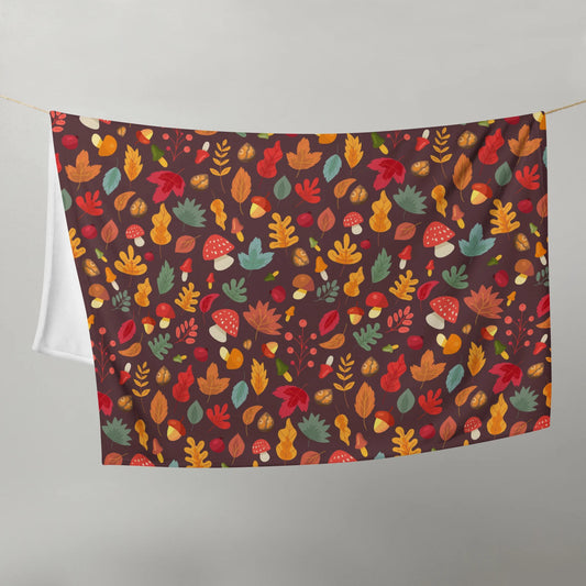 Cottagecore Fall Autumn Leaves Mushrooms Throw Blanket