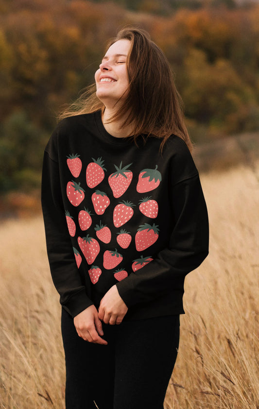 Cottagecore Strawberry Crewneck Sweatshirt Black