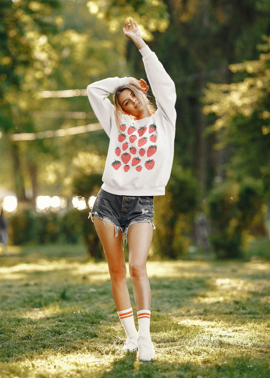 Cottagecore Strawberry Crewneck Sweatshirt White