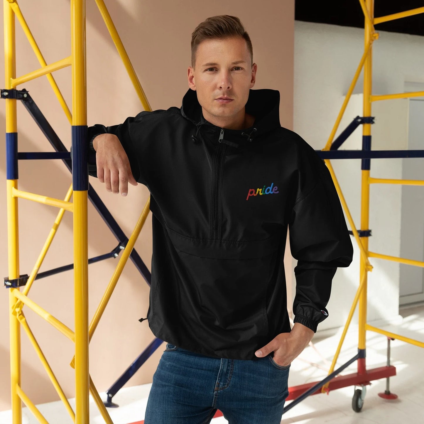 LGBT Pride Embroidered Champion Packable Jacket Black