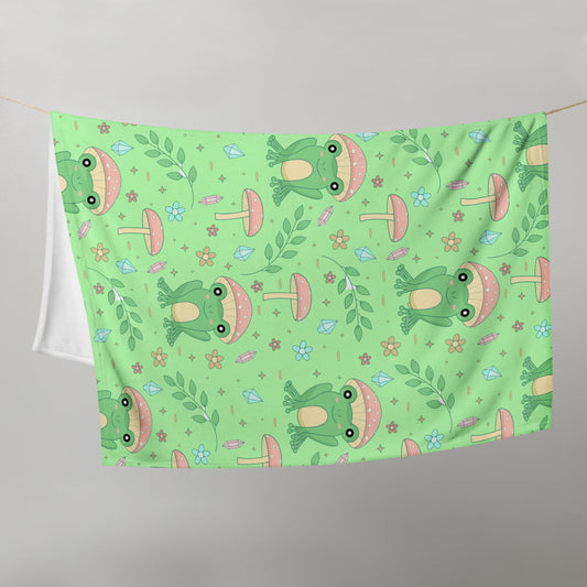 Cottagecore Kawaii Green Frog Mushroom Throw Blanket