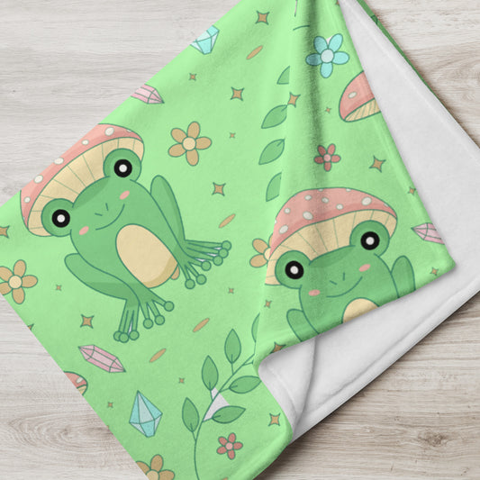 Cottagecore Kawaii Green Frog Mushroom Throw Blanket