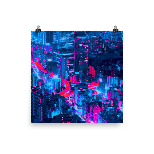Vaporware Purple Blue City Lights Futuristic Cyberpunk Wall Art Poster Print