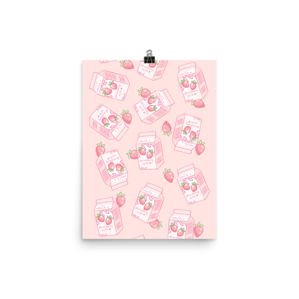 Kawaii Pink Strawberry Milk Poster Wall Art Print