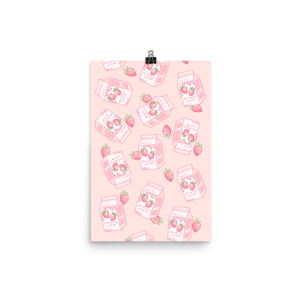 Kawaii Pink Strawberry Milk Poster Wall Art Print