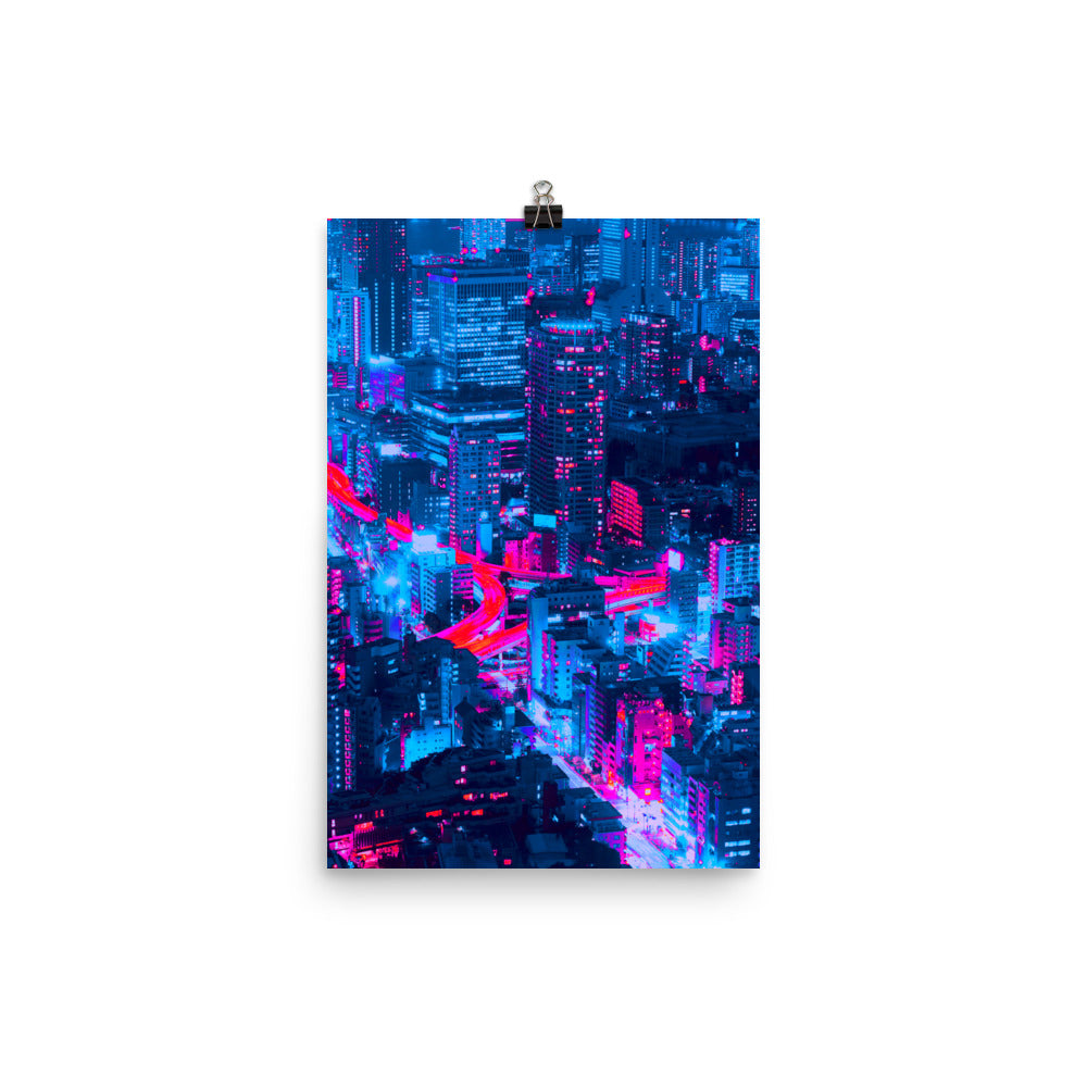 Vaporware Purple Blue City Lights Futuristic Cyberpunk Wall Art Poster Print