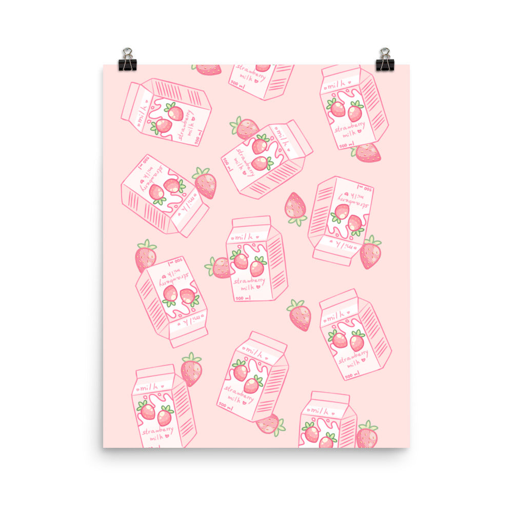 Kawaii Pink Strawberry Milk Poster Wall Art Print