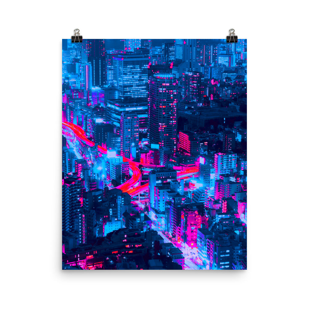 Vaporware Purple Blue City Lights Futuristic Cyberpunk Wall Art Poster Print