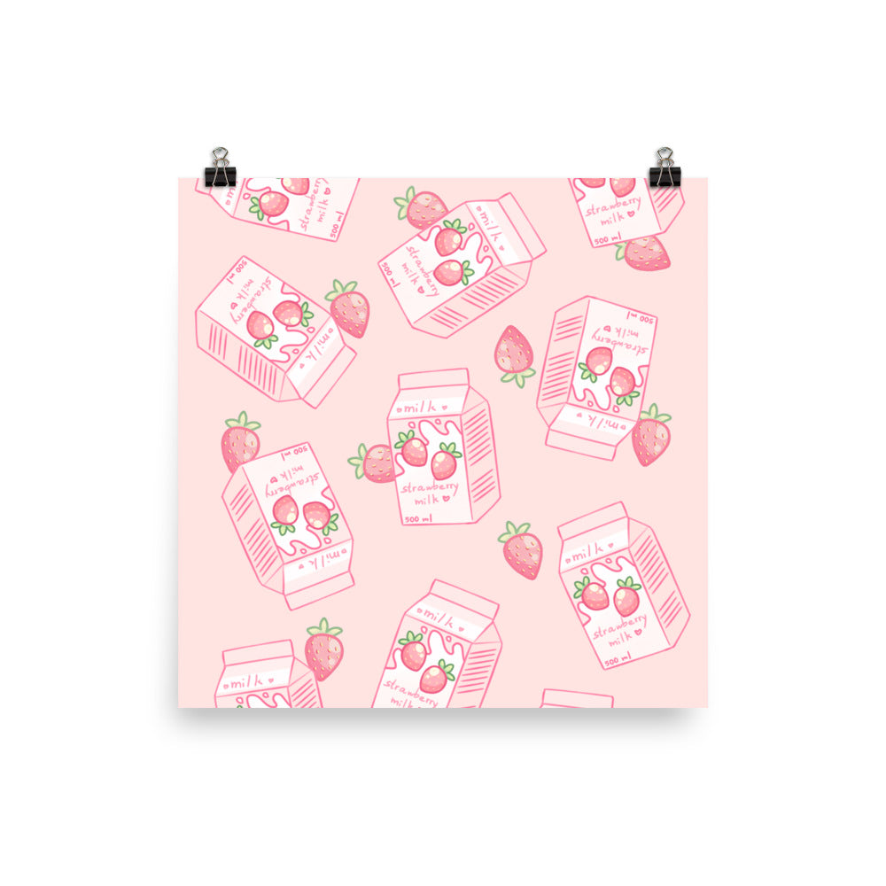 Kawaii Pink Strawberry Milk Poster Wall Art Print