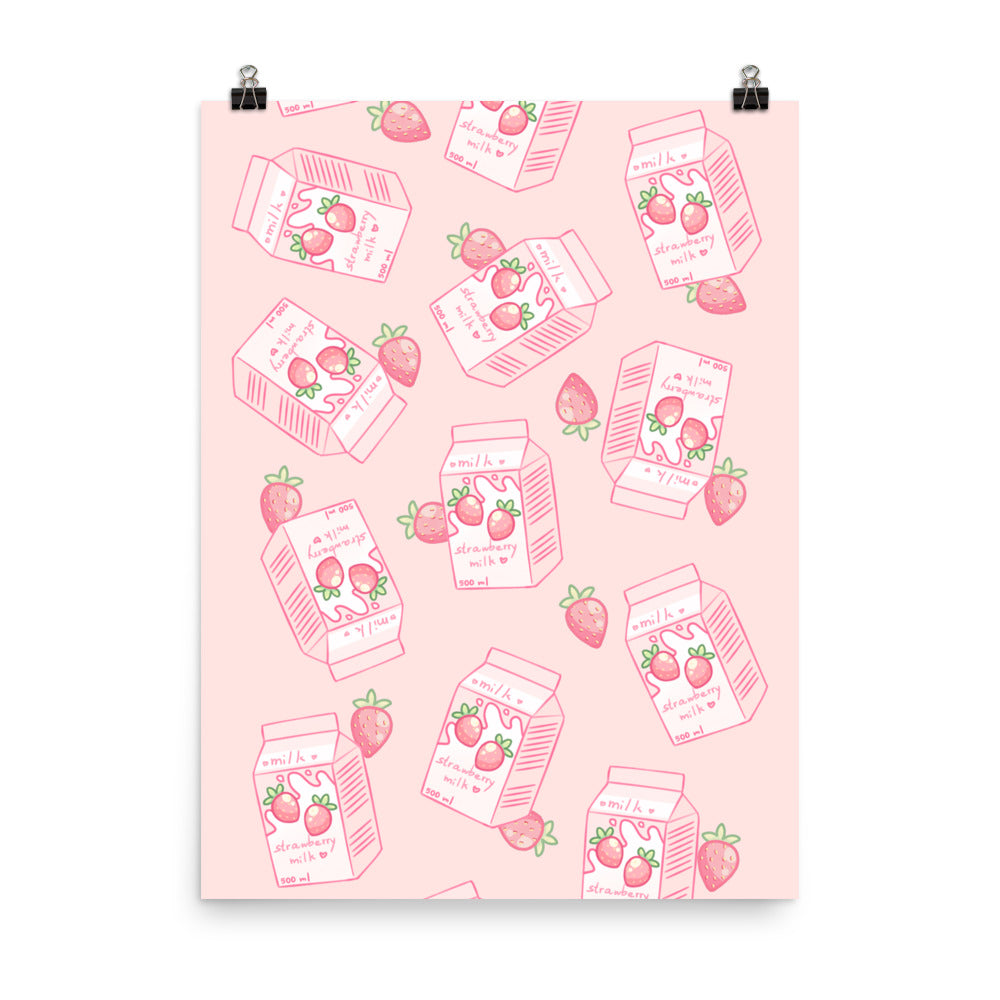 Kawaii Pink Strawberry Milk Poster Wall Art Print