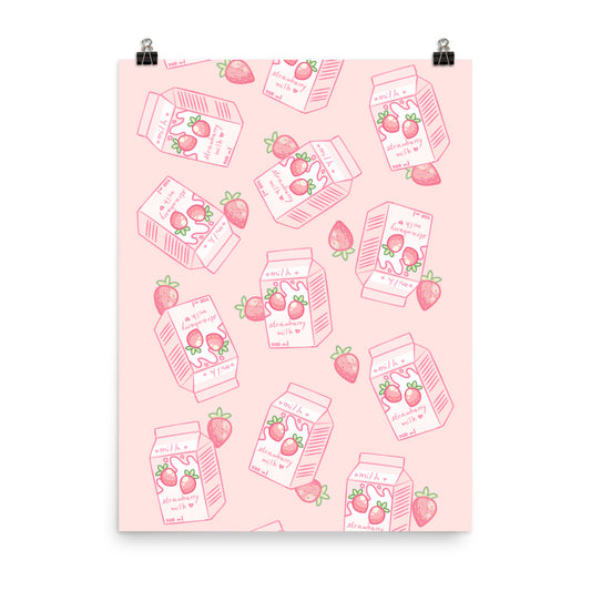 Kawaii Pink Strawberry Milk Poster Wall Art Print