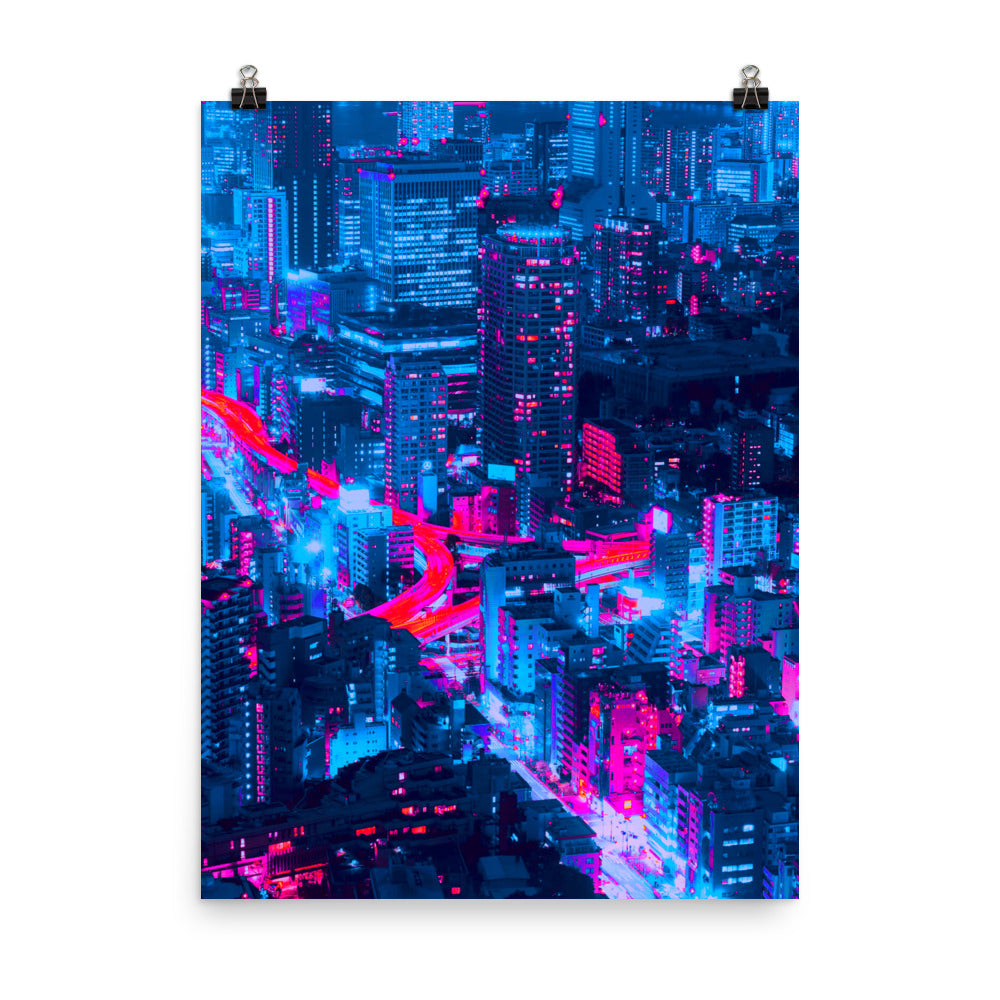 Vaporware Purple Blue City Lights Futuristic Cyberpunk Wall Art Poster Print