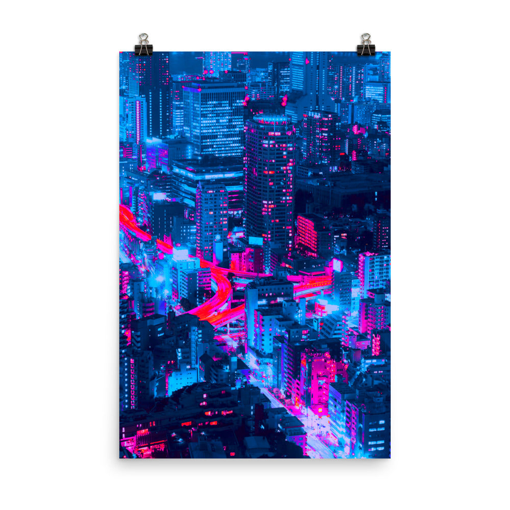 Vaporware Purple Blue City Lights Futuristic Cyberpunk Wall Art Poster Print