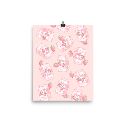 Kawaii Pink Strawberry Milk Poster Wall Art Print